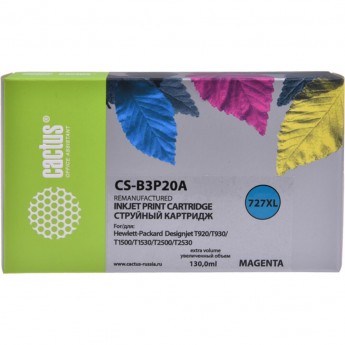 Струйный картридж CACTUS CS-B3P20A (HP 727) для HP DesignJet T920 ePrinter (CR354A), T930, T1500 ePrinter (CR356A), T1500 PostScript (CR357A), T1530, T2500 eMFP (CR358A), T2530, увеличенной емкости, пурпурный, 130 мл