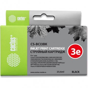 Струйный картридж CACTUS CS-BCI3BK (BCI-3Bk) для Canon BJ i550, i560, i6500, i850, S400, S450, S500, S520, S530, S600, S630, S750, BJC 3000, 6000, 6100, 6200, Pixma iP3000, iP4000, iP5000, MP760, SmartBase MP700, MPC400, черный, 23,6 мл
