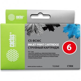 Струйный картридж CACTUS CS-BCI6C (BCI-6C) для Canon S800, S820, S900, S9000, i550, i560, i860, i865, i905d, i950s, i960x, i965, i990, i9100, i9950, JX500, MP750, MP760, iP600d, iP3000, iP600d, iP8500, BJC8200, голубой, 12 мл