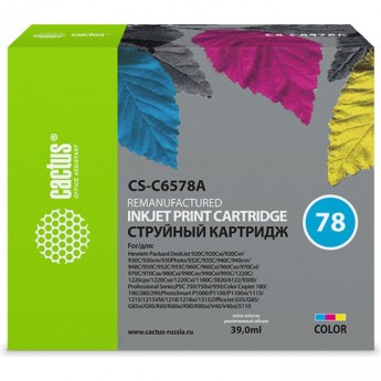 Струйный картридж CACTUS CS-C6578A (HP 78XL) для HP DeskJet 916, 920, 940, 1180, 1220, 3810, 9300; OfficeJet 5105, 5110, G85, K80, V45; PhotoSmart 1100, 1215, 1315, P1100; PSC 720, 950; Fax 1220, увеличенной емкости, цветной, 39 мл