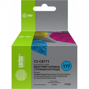 Струйный картридж CACTUS CS-C8771 (HP 177) для HP PhotoSmart 3100, 3210, 3213, 3310, 3313, C5183, C6100, C6183, C6200, C6283, C7183, C7200, C7280, C7283, C8183, D7100, D7160, D7163, D7300, D7363, D7463, голубой, 11,4 мл