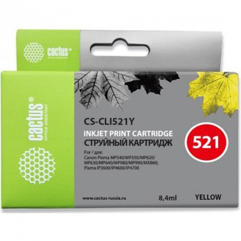 Струйный картридж CACTUS CS-CLI521Y (CLI-521Y) для Canon Pixma iP3600, iP4600, iP4600x, iP4700, MP310, MP310x, MP540, MP540X, MP550, MP560, MP620, MP620b, MP630, MP640, MP660, MP980, MP990, MX860, MX870, желтый, 8,4 мл