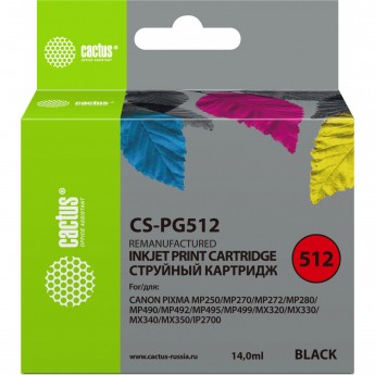 Струйный картридж CACTUS CS-PG512 (PG-512) для Canon Pixma iP2700, iP2702, MP230, MP235, MP240, MP250, MP260, MP270, MP280, MP282, MP330, MP480, MP490, MP495, MP499, MX320, MX330, MX340, MX350, MX410, черный, 14 мл