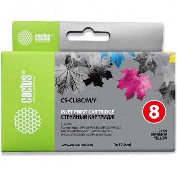 Струйный картридж CACTUS CS-CLI8C/M/Y (CLI-8) для Canon Pixma iP3300, iP3500, iP4200, iP4200x, iP4300, iP4500, iP4500x, iP5200, iP5200r, iP5300, iP6600, iP6600d, iP6700, iP6700d, iX4000, iX5000, MP500, MP510, цветной, набор, 3 x 12 мл