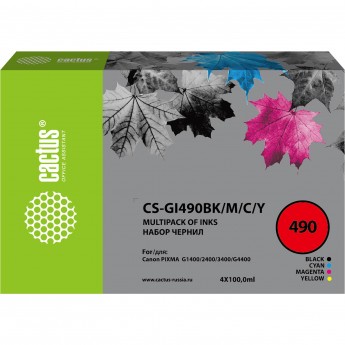 Чернила CACTUS CS-GI490 для Canon Pixma G1400, G2400, G3400, черный/голубой/пурпурный/желтый, набор, 4x100 мл