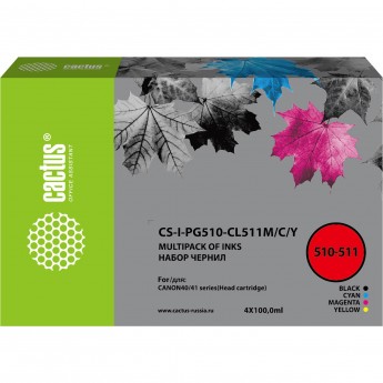 Чернила CACTUS CS-I-PG510-CL511 для Canon Pixma MP240, MP250, MP260, MP270, набор, черный/голубой/пурпурный/желтый, 4x100 мл