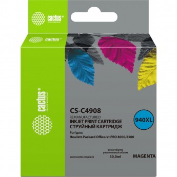 Струйный картридж CACTUS CS-C4908 (HP 940XL) для HP OfficeJet 8000 Pro, 8500, 8500a, 8500a Plus, увеличенной емкости, пурпурный, 30 мл