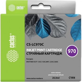 Струйный картридж CACTUS CS-LC970C (LC970C) для принтеров Brother DCP 135, DCP 135c, DCP 150, DCP 150c, DCP 153c, DCP 157c, DCP 750cn, MFC 235, MFC 235c, MFC 260, MFC 260c, голубой, 20 мл