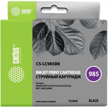 Струйный картридж CACTUS CS-LC985BK (LC985BK) для принтеров Brother DCP J125, DCP J140w, DCP J315, DCP J315w, DCP J515, DCP J515w, MFC J220, MFC J265, MFC J265w, MFC J410, MFC J415w, черный, 15 мл