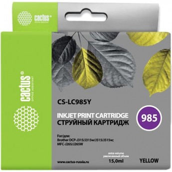 Струйный картридж CACTUS CS-LC985Y (LC985Y) для принтеров Brother DCP J125, DCP J140w, DCP J315, DCP J315w, DCP J515, DCP J515w, MFC J220, MFC J265, MFC J265w, MFC J410, MFC J415w, желтый, 15 мл